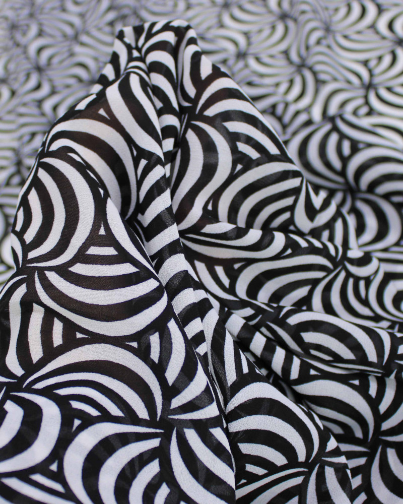 Tecido Crepe Chiffon Grosso Ilusão de Ótica Branco e Preto