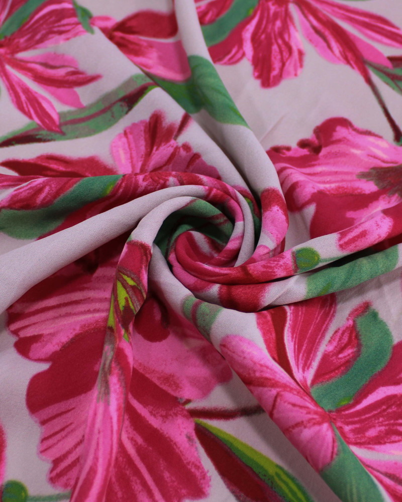 Tecido Crepe Koshibo Macro Flores Verde, Rosa Pink e Rosa Quartzo