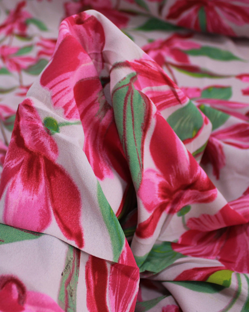 Tecido Crepe Koshibo Macro Flores Verde, Rosa Pink e Rosa Quartzo