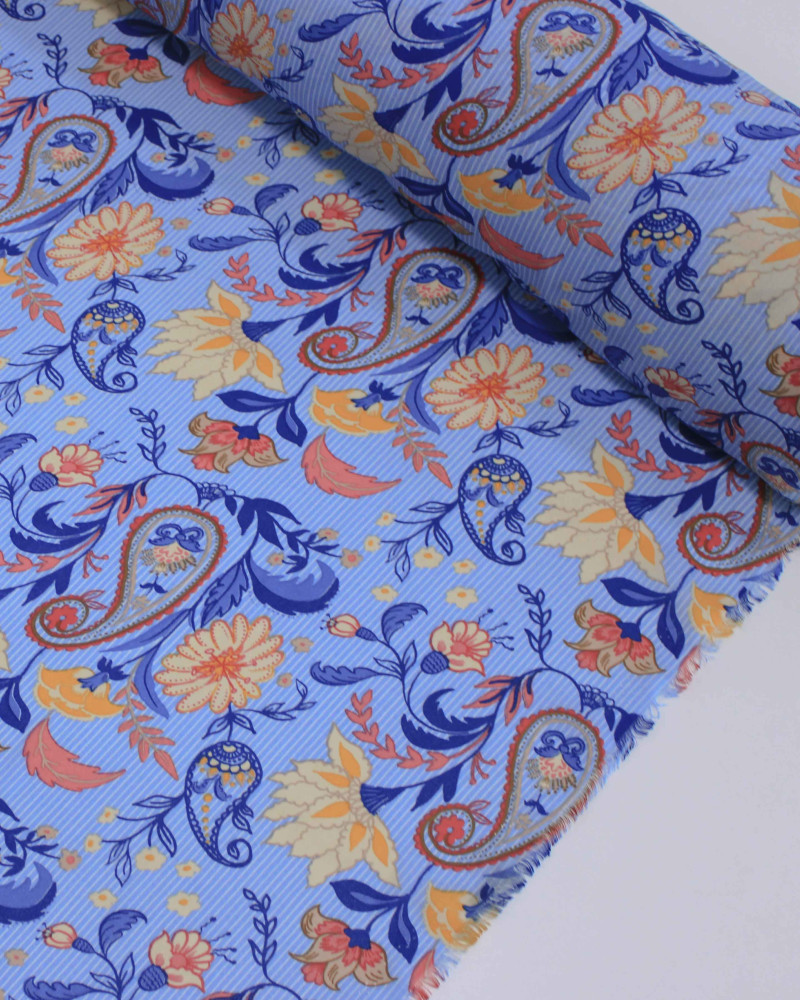 Tecido Crepe Chiffon Grosso Flores e Cashmere em Listras Colorido e Azul