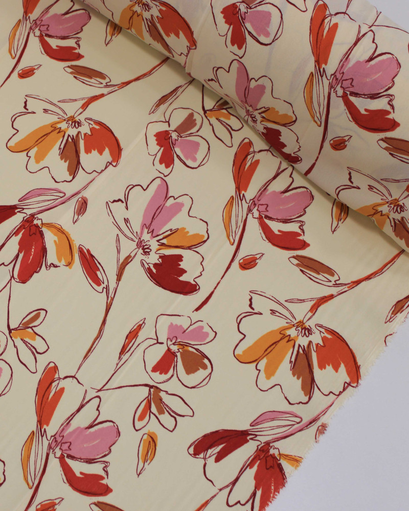 Tecido Crepe Koshibo Flores em Rascunho Colorido e Creme