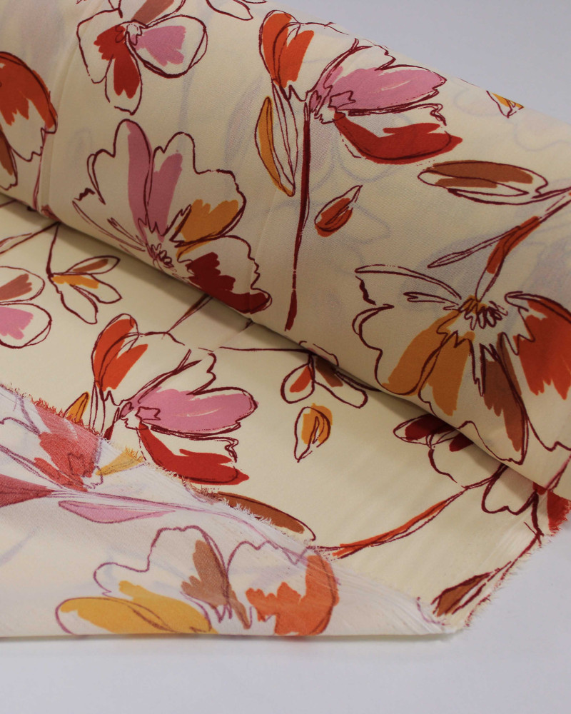 Tecido Crepe Koshibo Flores em Rascunho Colorido e Creme