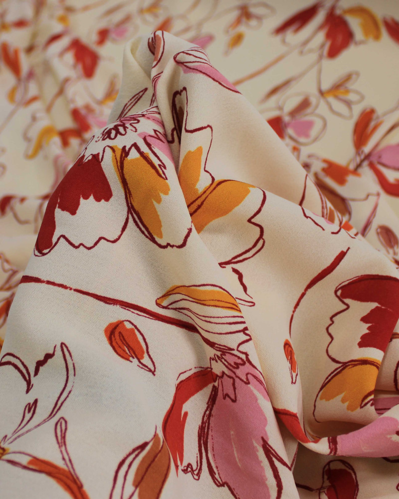 Tecido Crepe Koshibo Flores em Rascunho Colorido e Creme