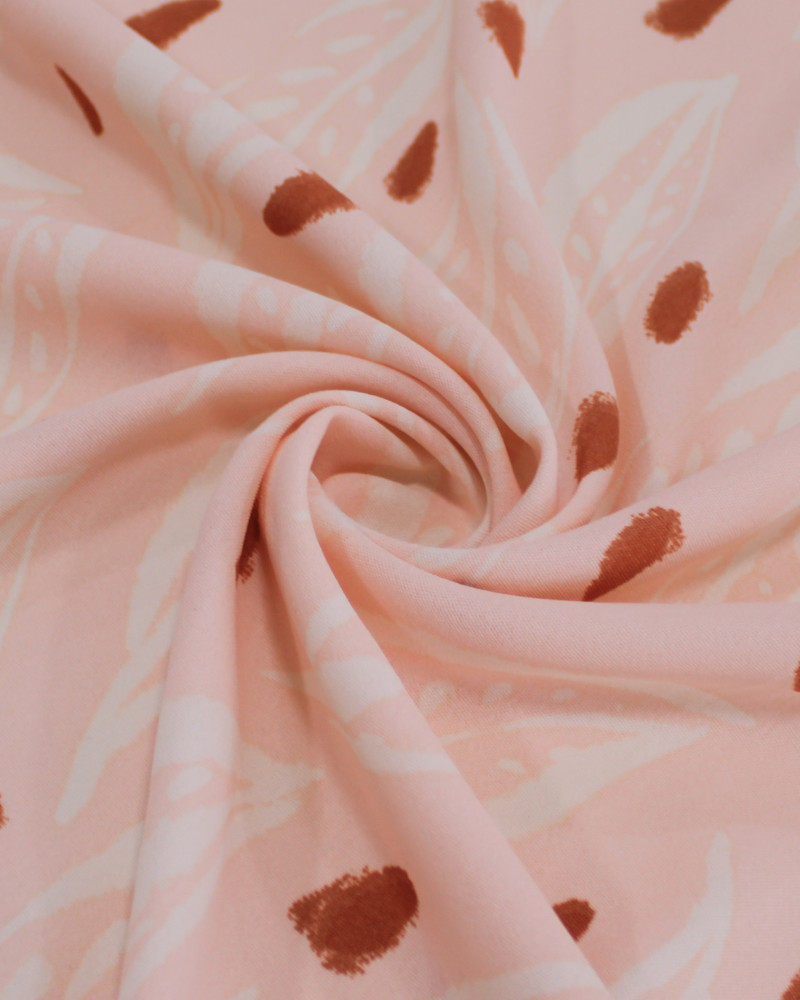 Tecido Crepe Koshibo Macro Folhas Creme, Marrom e Rosa Bebê