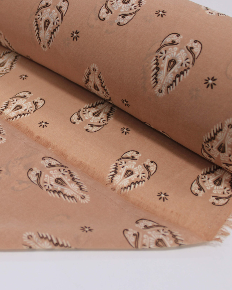 Tecido Crepe Chiffon Grosso Estampa Multi Arabescos Branco, Marrom e Argila