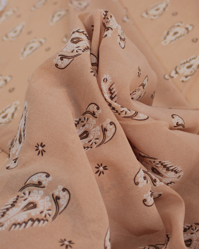 Tecido Crepe Chiffon Grosso Estampa Multi Arabescos Branco, Marrom e Argila