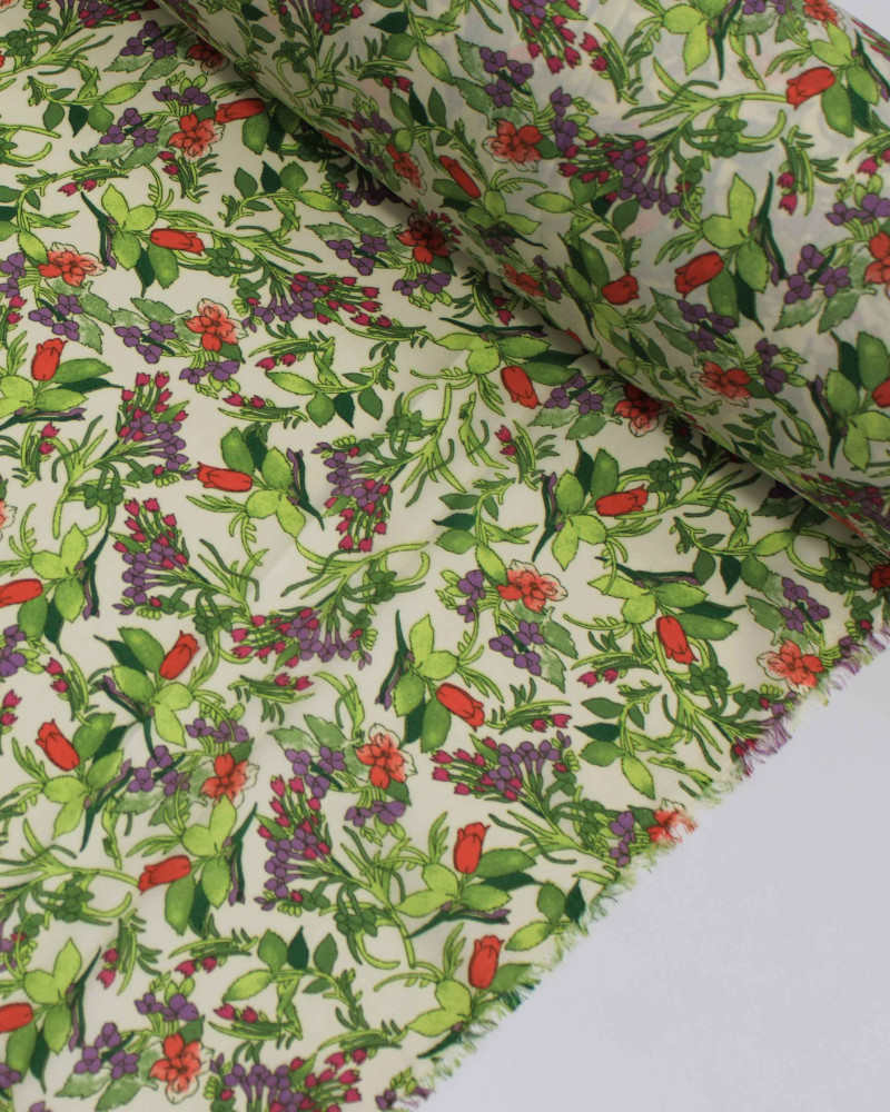 Tecido Crepe Chiffon Grosso Micro Tapete Floral Colorido e Creme