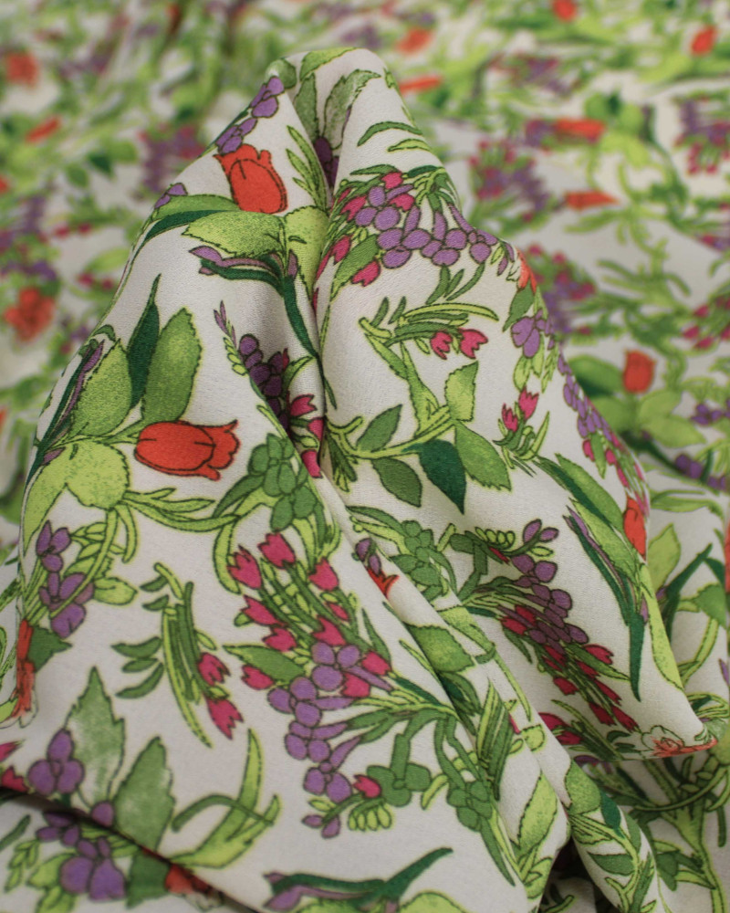 Tecido Crepe Chiffon Grosso Micro Tapete Floral Colorido e Creme