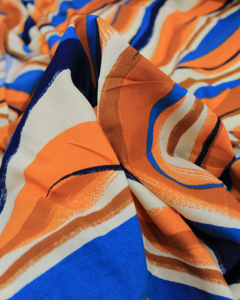 Tecido Viscose Listras Ondulares Azul e Tons Terrosos