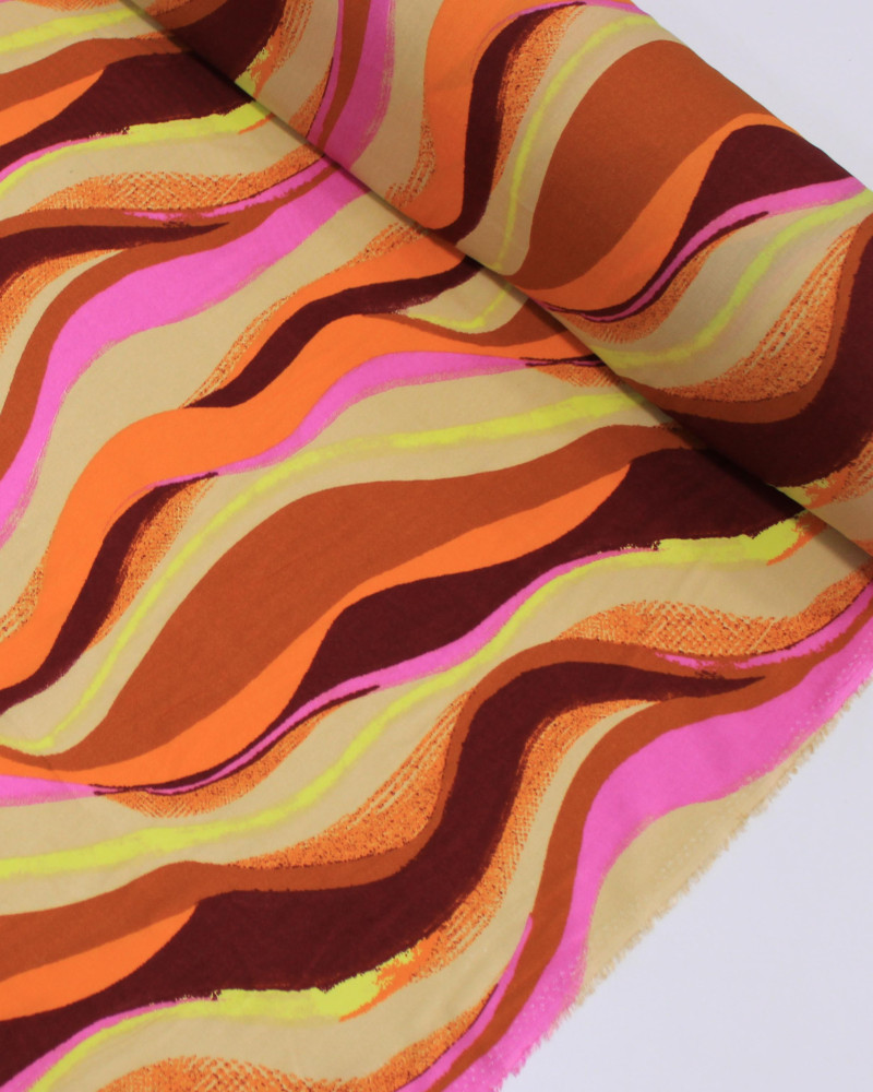 Tecido Viscose Listras Ondulares Rosa e Tons Terrosos