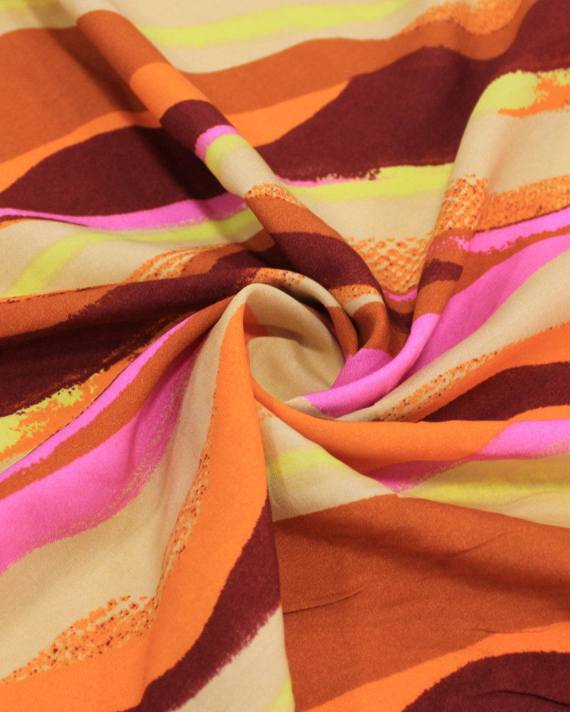 Tecido Viscose Listras Ondulares Rosa e Tons Terrosos