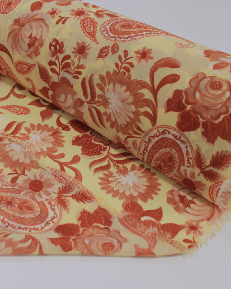 Tecido Crepe Chiffon Grosso Floral Terracota e Amarelo Requinte