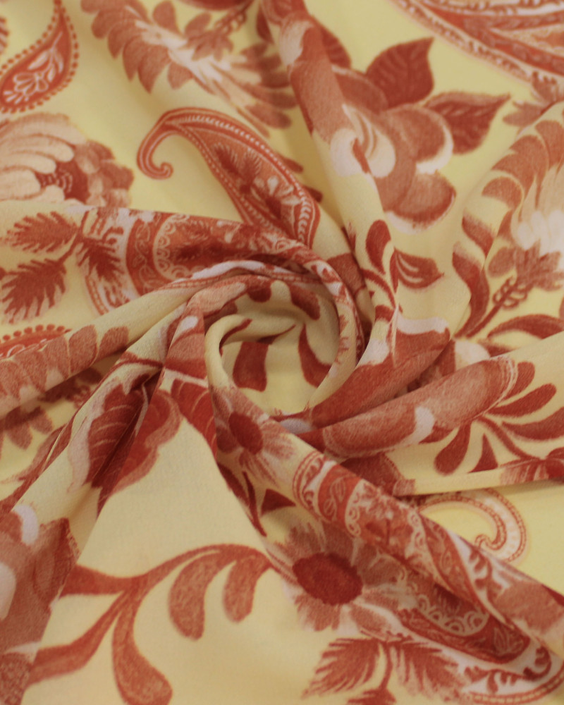 Tecido Crepe Chiffon Grosso Floral Terracota e Amarelo Requinte