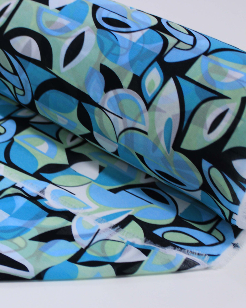 Tecido Crepe Chiffon Grosso Folhas Abstratas Tons Frios
