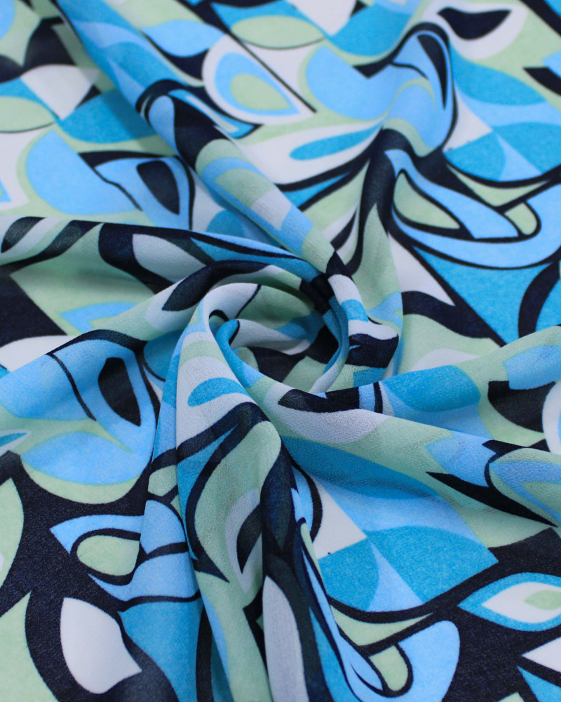 Tecido Crepe Chiffon Grosso Folhas Abstratas Tons Frios