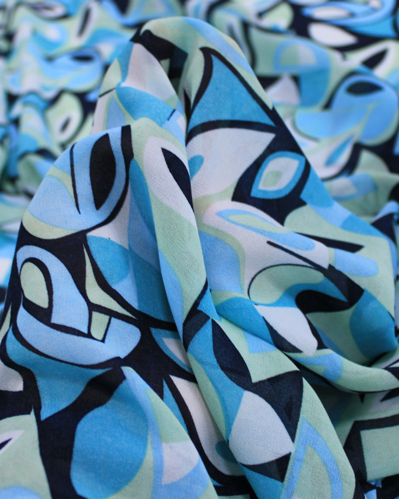 Tecido Crepe Chiffon Grosso Folhas Abstratas Tons Frios