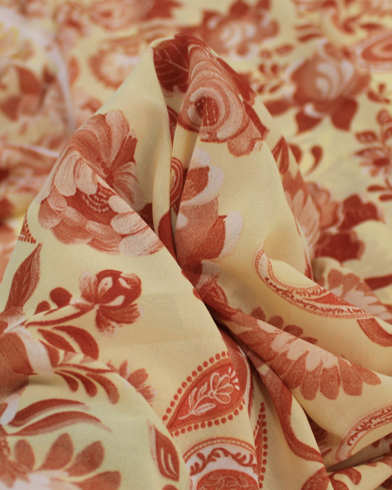 Tecido Crepe Chiffon Grosso Floral Terracota e Amarelo Requinte