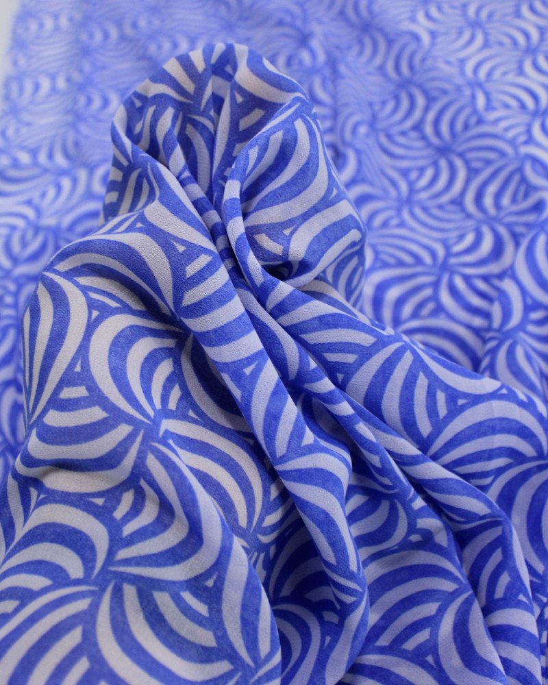 Tecido Crepe Chiffon Grosso Ilusão de Ótica Branco e Azul