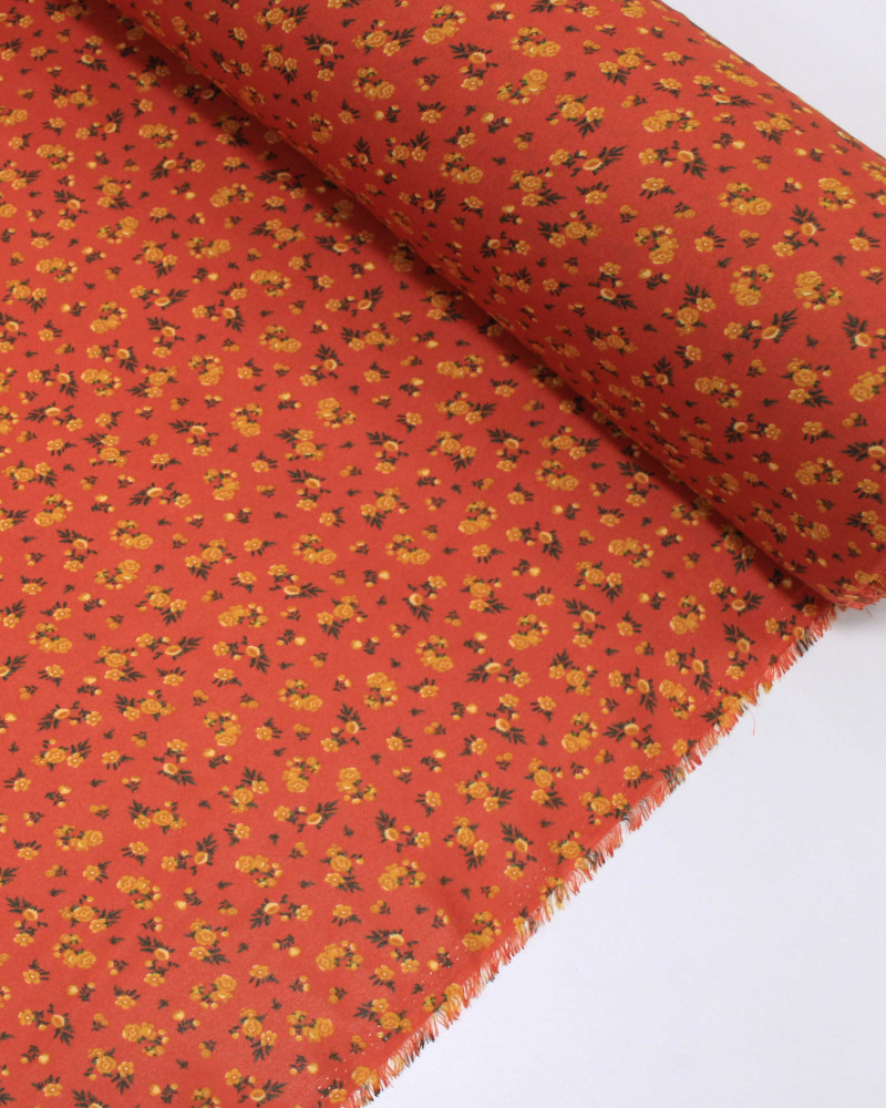 Tecido Crepe Chiffon Grosso Micro Tapete Floral Preto, Laranja e Vermelho