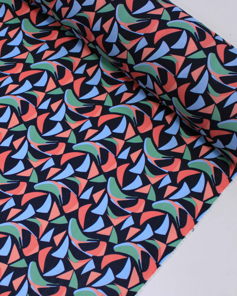 Tecido Crepe Koshibo Estampa Abstrata Colorido e Preto