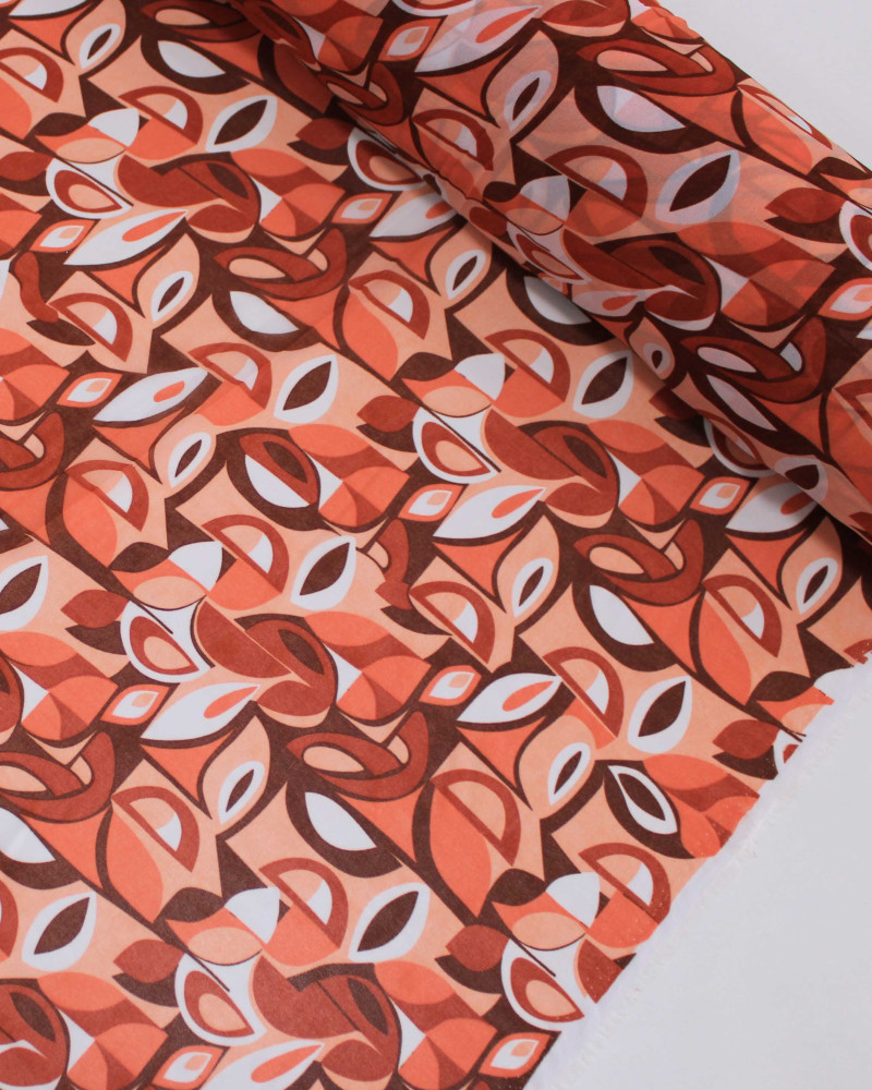 Tecido Crepe Chiffon Grosso Folhas Abstratas Tons Quentes