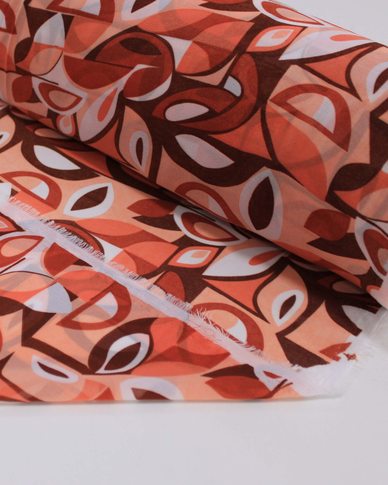 Tecido Crepe Chiffon Grosso Folhas Abstratas Tons Quentes