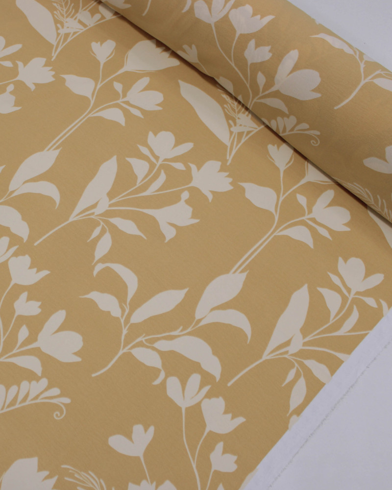 Tecido Crepe Koshibo Macro Ramos Creme e Palha