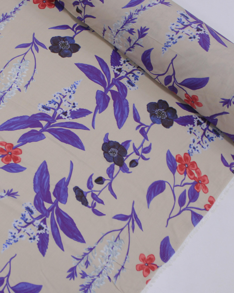 Tecido Viscose Ramos Florais Colorido e Bege