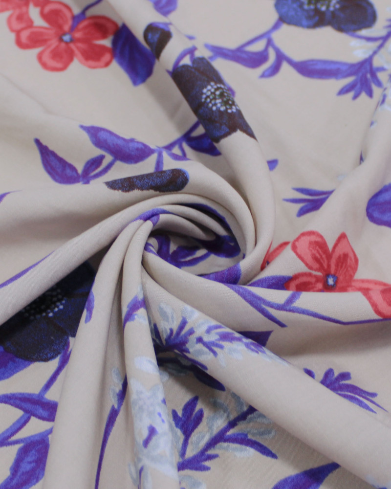 Tecido Viscose Ramos Florais Colorido e Bege