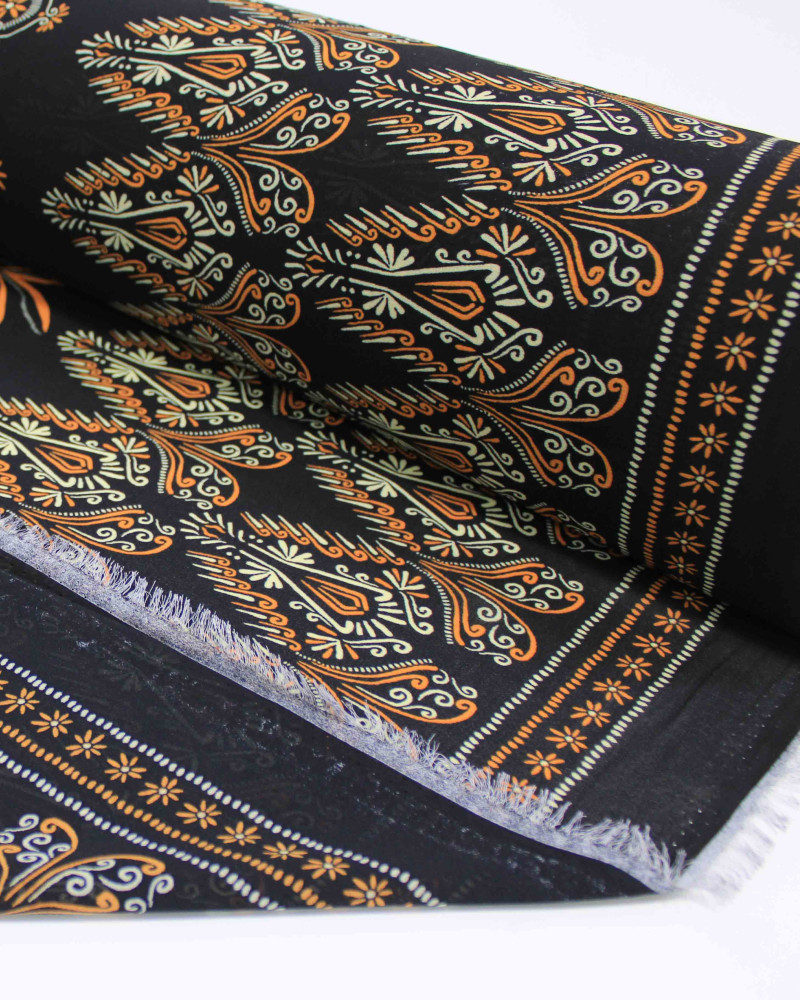 Tecido Crepe Chiffon Grosso Barrado Duplo Palmeiras e Arabescos Bege, Laranja e Preto