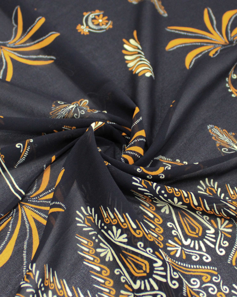 Tecido Crepe Chiffon Grosso Barrado Duplo Palmeiras e Arabescos Bege, Laranja e Preto