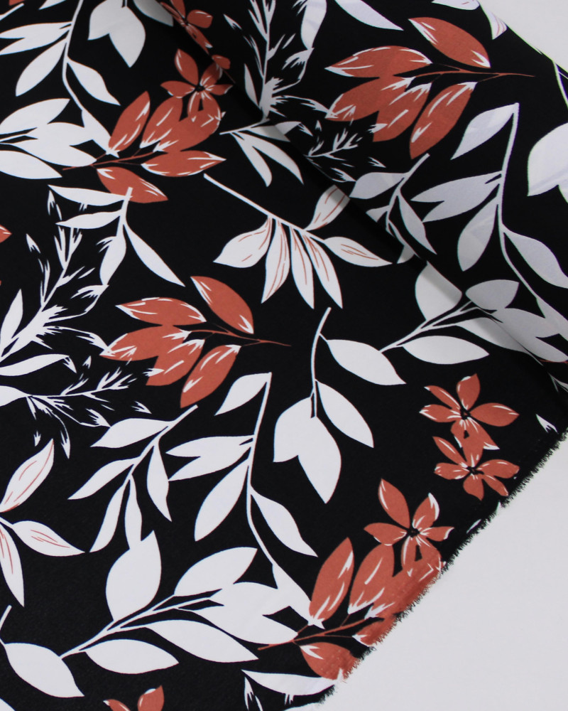 Tecido Crepe Koshibo Macro Ramos Castanho, Branco e Preto