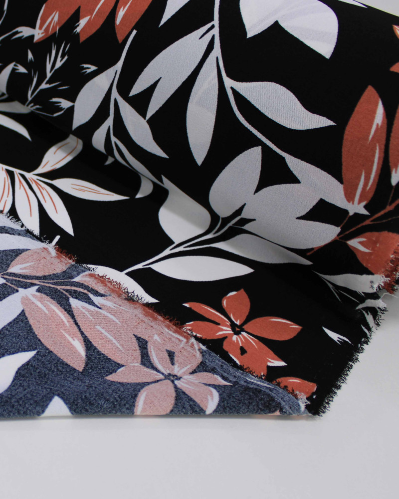 Tecido Crepe Koshibo Macro Ramos Castanho, Branco e Preto