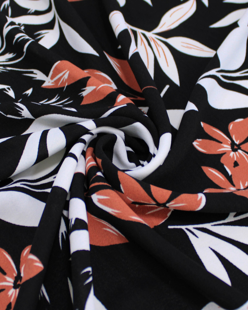 Tecido Crepe Koshibo Macro Ramos Castanho, Branco e Preto