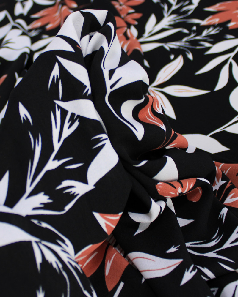 Tecido Crepe Koshibo Macro Ramos Castanho, Branco e Preto