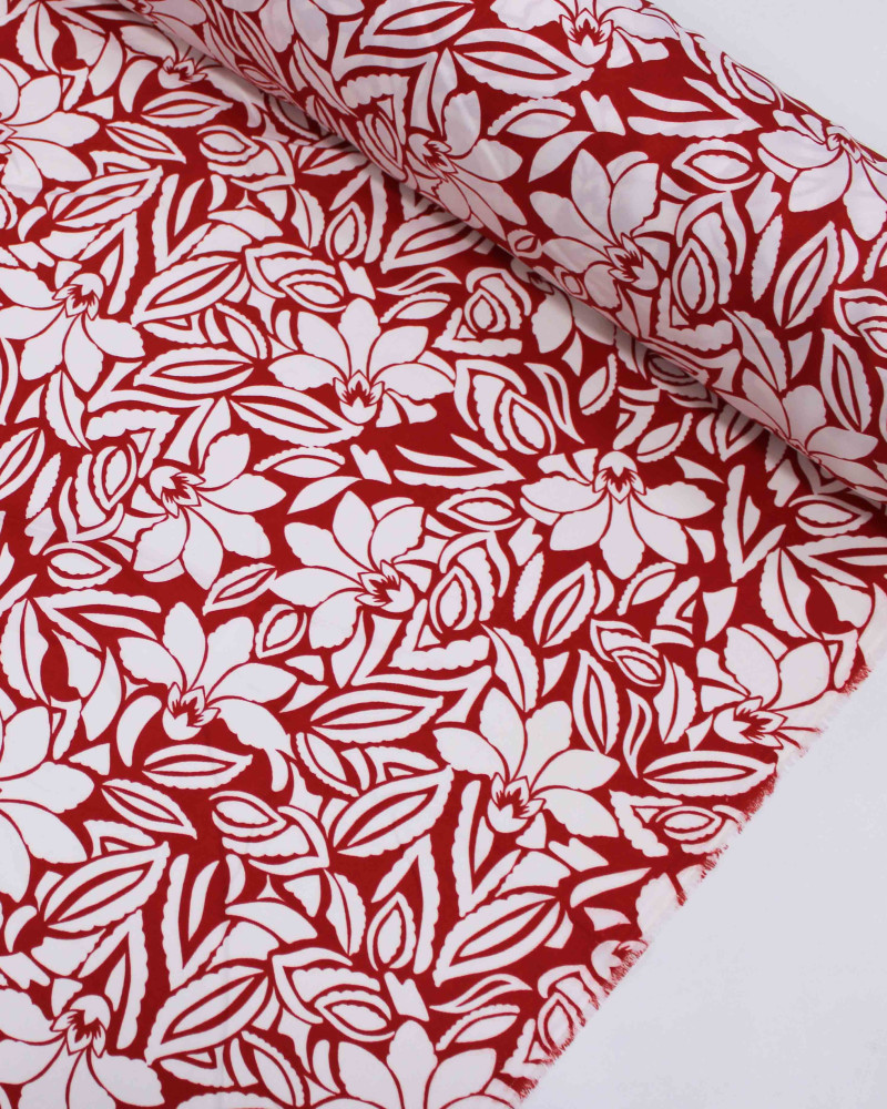 Tecido Crepe Sarjado Folhas e Flores Abstratas Branco e Vermelho