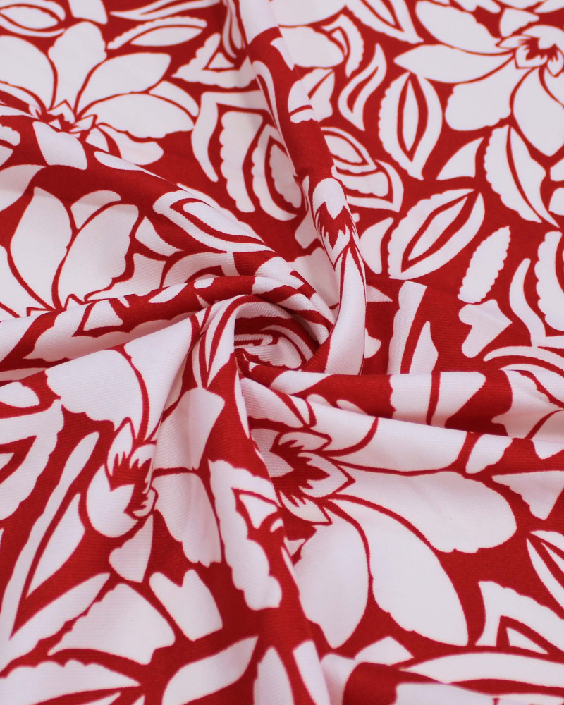 Tecido Crepe Sarjado Folhas e Flores Abstratas Branco e Vermelho