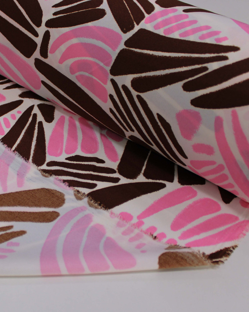 Tecido Crepe Sarjado Riscos Rosa, Marrom e Branco