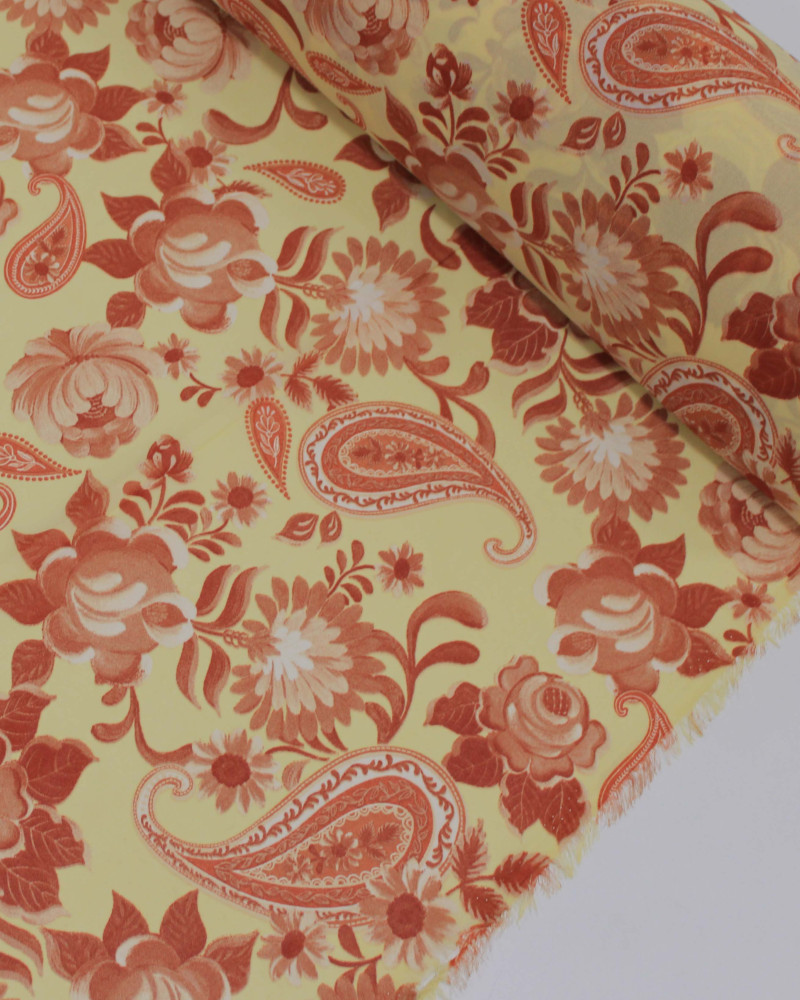 Tecido Crepe Chiffon Grosso Floral Terracota e Amarelo Requinte
