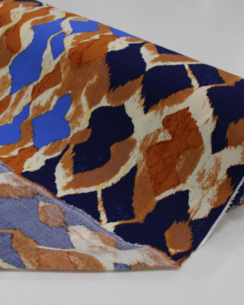 Tecido Viscose Estampa Abstrata Tons de azul e Terracota