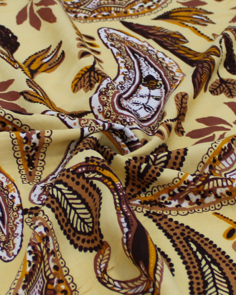 Tecido Viscose Texturizada Macro Ramos em Cashmere Marrom e Amarelo