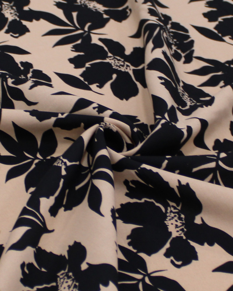 Tecido Viscose Macro Floral Abstrato Preto e Nude