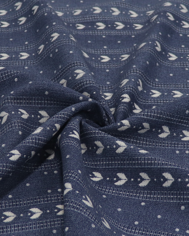 Tecido Linho Misto Estampado Corações e Poá Branco e Azul Jeans