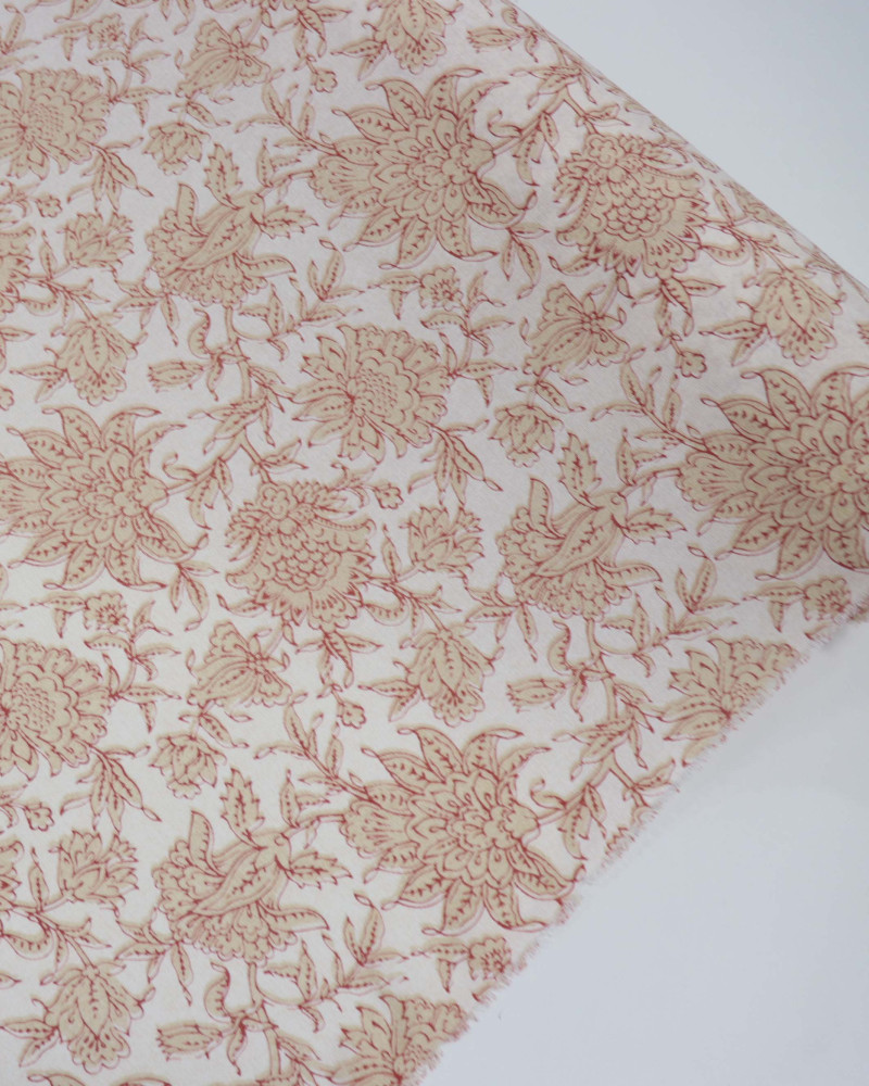 Tecido Linho Misto Estampado Macro Floral Indiano Bege e Offwhite