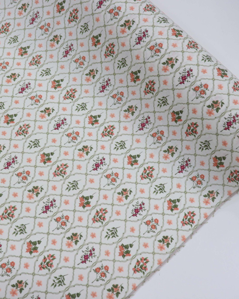 Tecido Linho Misto Estampado Multi Floral Contornado Coral, Verde e Offwhite