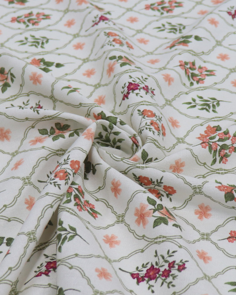 Tecido Linho Misto Estampado Multi Floral Contornado Coral, Verde e Offwhite
