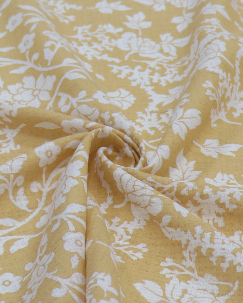Tecido Linho Misto Estampado Arabesco Floral e Ocre