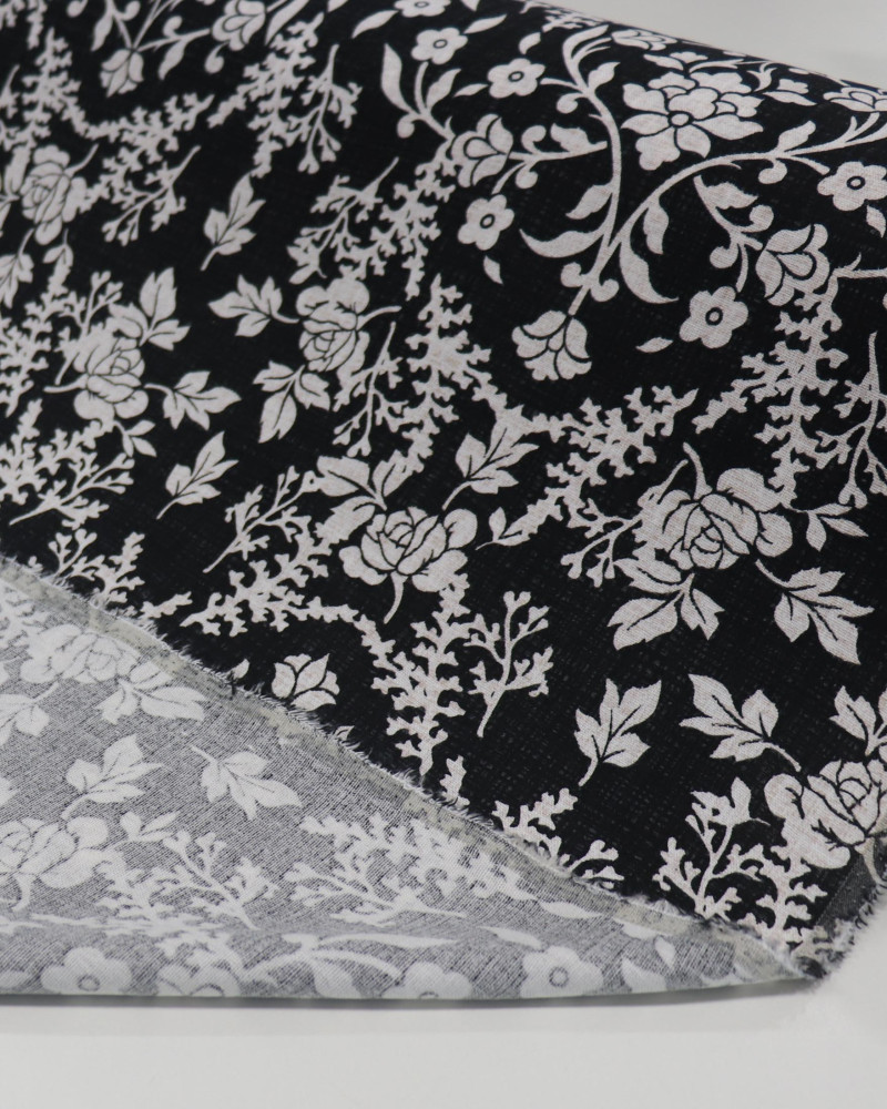 Tecido Linho Misto Estampado Arabesco Floral Branco e Preto Mescla