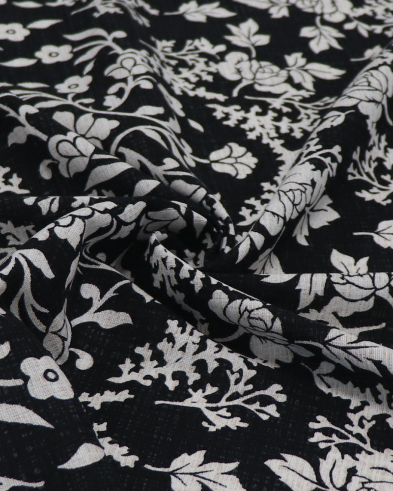 Tecido Linho Misto Estampado Arabesco Floral Branco e Preto Mescla