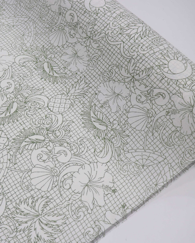 Tecido Linho Misto Estampado Quadriculado Tropical Verde e Offwhite